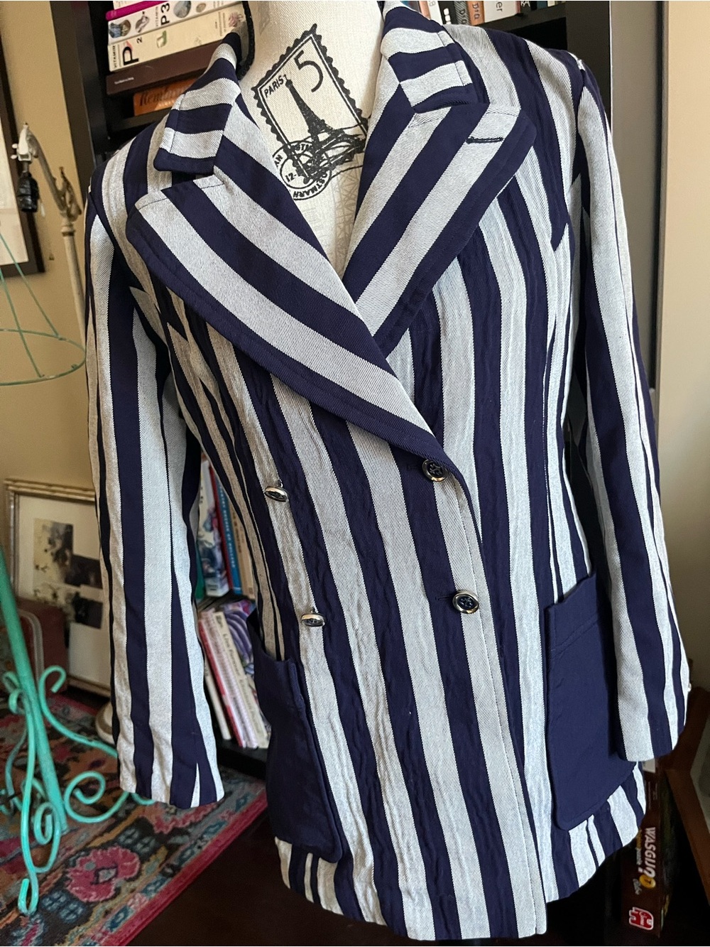 Vintage Liliane Burty Couture Paris Striped Navy and White Double-Breasted Blaze